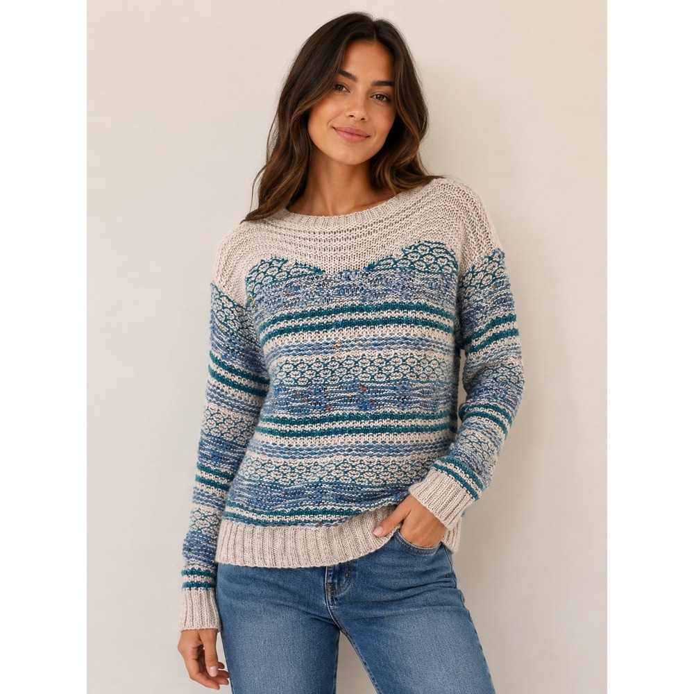 Indigo Collection Womens Multi Knit Striped Sweater Blue Cream Size S